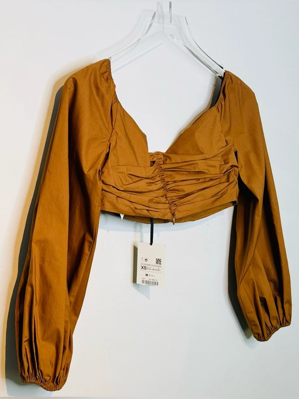 Zara Studio Pecan Brown Gathered Crop Top Balloon Sleeve Top Shirt Blouse NWT